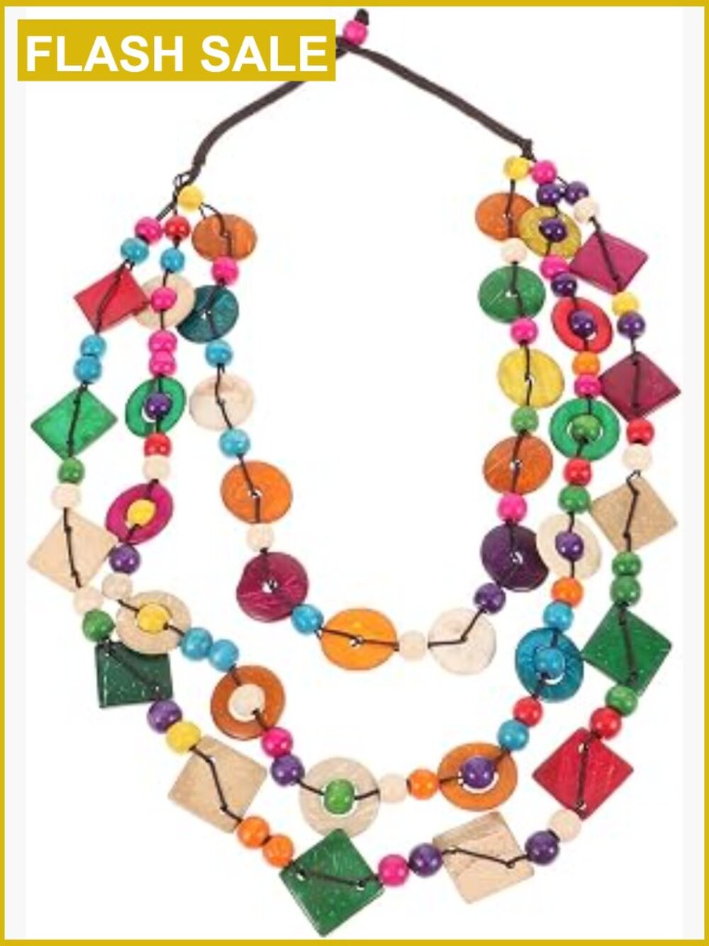 Bohemian 5-Layer Wood Bead Shell Pendant Chunky Strand Necklace